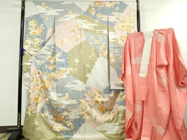 平和屋本店●極上　振袖・長襦袢(無双仕立て)セット　駒刺繍　更紗花文　金彩　逸品　DZAB5451kh6