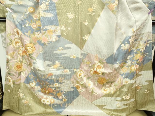 平和屋本店●極上　振袖・長襦袢(無双仕立て)セット　駒刺繍　更紗花文　金彩　逸品　DZAB5451kh6