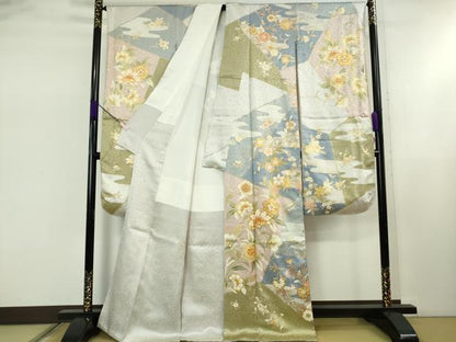 平和屋本店●極上　振袖・長襦袢(無双仕立て)セット　駒刺繍　更紗花文　金彩　逸品　DZAB5451kh6