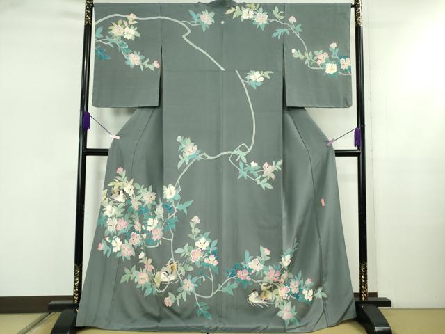 平和屋本店●極上　本加賀友禅作家　池田裕　訪問着　鴨　枝花文　薄い褐色地　逸品　DZAB5453kh6