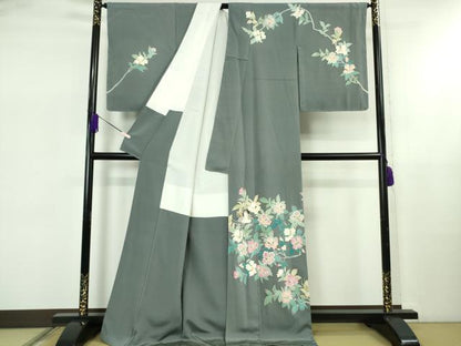 平和屋本店●極上　本加賀友禅作家　池田裕　訪問着　鴨　枝花文　薄い褐色地　逸品　DZAB5453kh6