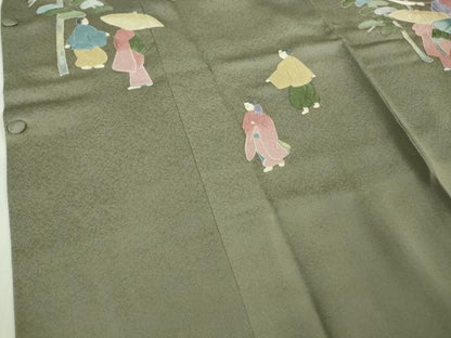 平和屋着物∞極上　中国三大刺繍 相良刺繍　道行コート　ロング丈　人物風景　行列　青白橡色地　たとう紙付き　逸品　未使用　DZAB5456kh6