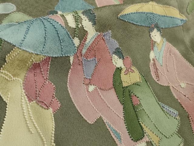 平和屋着物∞極上　中国三大刺繍 相良刺繍　道行コート　ロング丈　人物風景　行列　青白橡色地　たとう紙付き　逸品　未使用　DZAB5456kh6