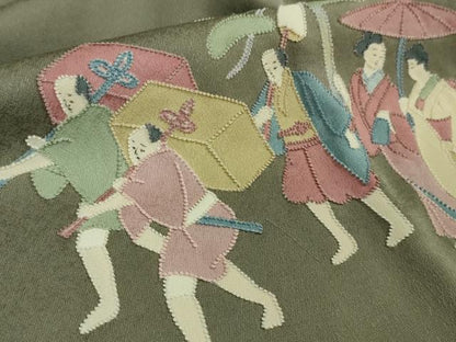 平和屋着物∞極上　中国三大刺繍 相良刺繍　道行コート　ロング丈　人物風景　行列　青白橡色地　たとう紙付き　逸品　未使用　DZAB5456kh6