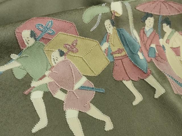 平和屋着物∞極上　中国三大刺繍 相良刺繍　道行コート　ロング丈　人物風景　行列　青白橡色地　たとう紙付き　逸品　未使用　DZAB5456kh6