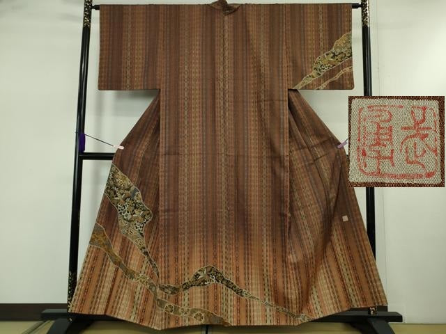 平和屋本店●極上　伝統工芸士　曽根武勇 　訪問着　お召地　鳳凰花唐草文　暈し染め　金彩　逸品　DZAB5461kh6