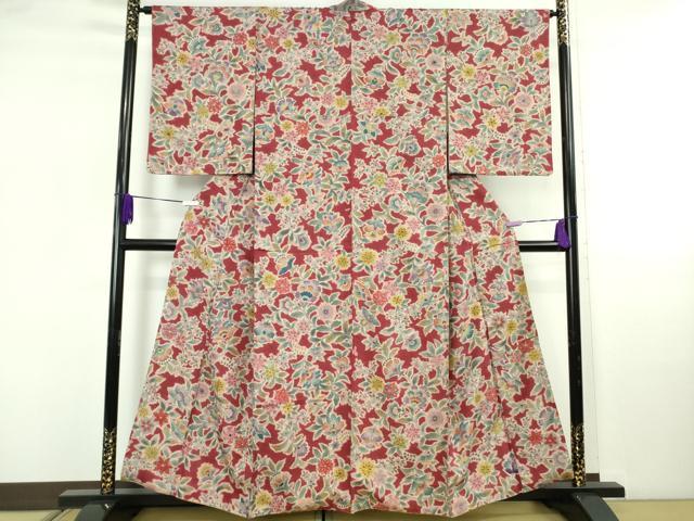 平和屋本店●極上　岡重謹製　OKAJIMA　小紋　紬地　更紗花文　反端付き　逸品　未使用　DZAB5462kh6