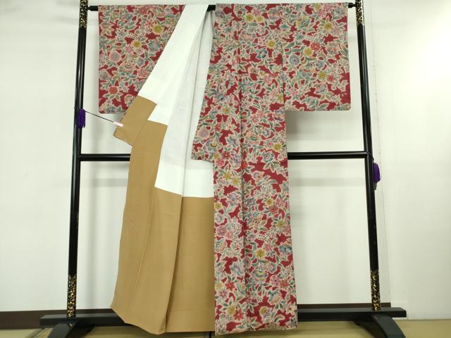 平和屋本店●極上　岡重謹製　OKAJIMA　小紋　紬地　更紗花文　反端付き　逸品　未使用　DZAB5462kh6