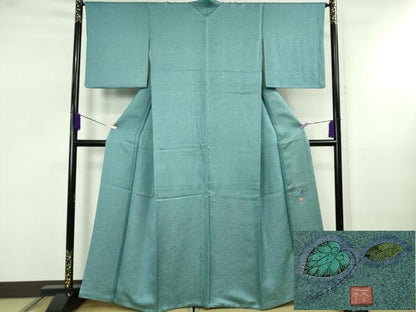 平和屋着物●極上　久保田一竹　幻の辻が花　色無地　草花地紋　浅葱色　金通し地　逸品　DZAB5467kh6