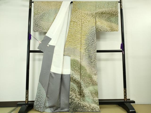 平和屋本店●極上　十日町　名門　滝泰謹製　訪問着　おぼろ染め　襲絞り　相良刺繍　舞花文　暈し染め　金糸　逸品　DZAB5474kh6