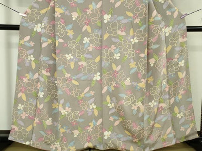平和屋着物●極上　京の名門　友禅　染の北川　小紋　草花文　源氏鼠色地　金彩　鬼しぼ縮緬　反端付き　逸品　DZAB5488kh6