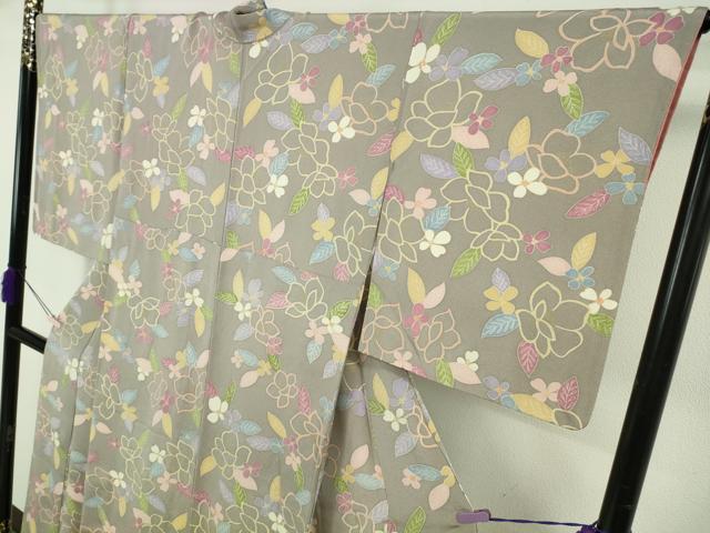 平和屋着物●極上　京の名門　友禅　染の北川　小紋　草花文　源氏鼠色地　金彩　鬼しぼ縮緬　反端付き　逸品　DZAB5488kh6