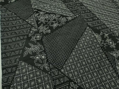 平和屋本店●極上　本場大島紬　刺し子　総刺繍　名物裂切嵌　草花文　黒地　逸品　未使用　DZAB5491kh6