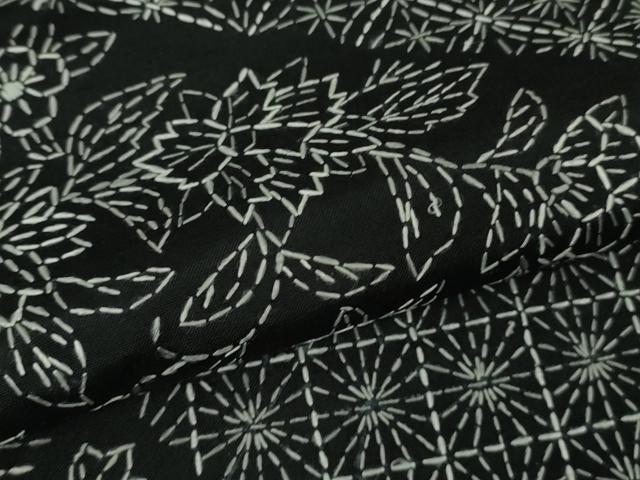 平和屋本店●極上　本場大島紬　刺し子　総刺繍　名物裂切嵌　草花文　黒地　逸品　未使用　DZAB5491kh6
