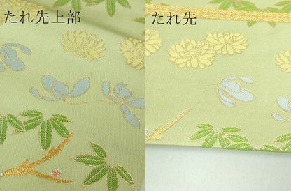 平和屋着物●極上　龍村晋謹製　全通柄袋帯　四君子桜椿文錦　若緑色地　色紙付き　金銀糸　逸品　DZAB5505kh6