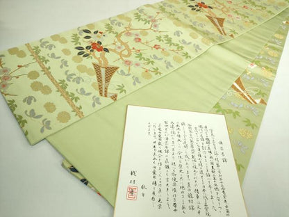 平和屋着物●極上　龍村晋謹製　全通柄袋帯　四君子桜椿文錦　若緑色地　色紙付き　金銀糸　逸品　DZAB5505kh6