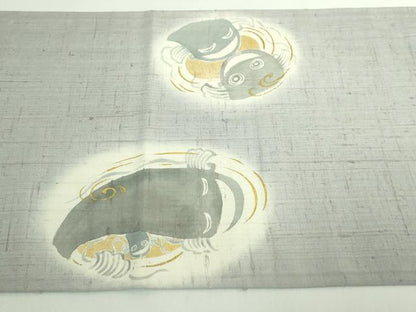 平和屋着物●極上　太鼓柄袋帯　紬地　ナマズ　金彩　白鼠色地　逸品　DZAB5506kh6
