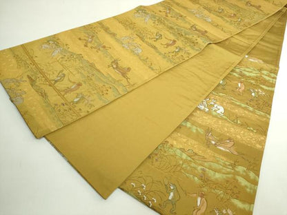 平和屋着物●極上　六通柄袋帯　高山寺戯画　金糸　黄土色地　逸品　DZAB5508kh6