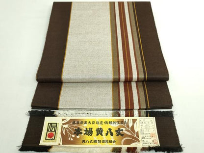 平和屋着物●極上　本場黄八丈　紬　八寸名古屋帯　伝統工芸士　伊勢崎明俊　間道　証紙付き　逸品　DZAB5515kh6