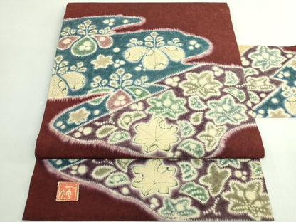 平和屋本店●極上　初代　久保田一竹　九寸名古屋帯　辻が花　赤錆色地　逸品　DZAB5517kh6