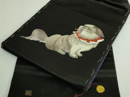 平和屋着物●極上　アンティーク　大正ロマン　九寸名古屋帯　総手刺繍　狆　黒地　逸品　DZAB5522kh6