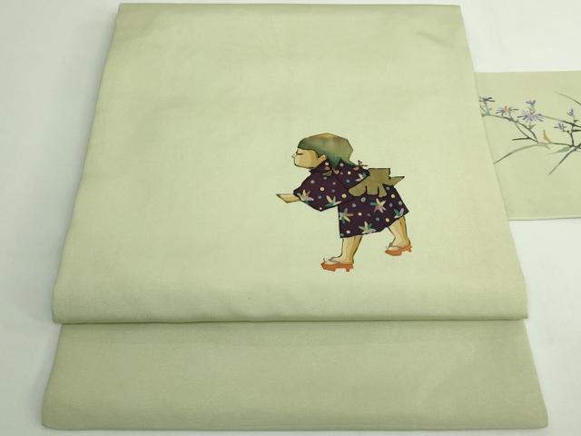 平和屋着物●極上　加賀友禅の巨匠　初代　由水十久　塩瀬　九寸名古屋帯　童子　裏葉柳色地　逸品　DZAB5528kh6