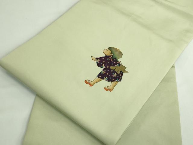 平和屋着物●極上　加賀友禅の巨匠　初代　由水十久　塩瀬　九寸名古屋帯　童子　裏葉柳色地　逸品　DZAB5528kh6
