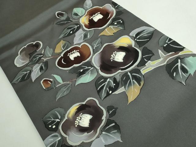 平和屋着物●極上　本加賀友禅作家　木村雨山画　染色工芸作家　吉田芳彩　九寸開き名古屋帯　枝椿　銀彩　薄い羊羹色地　逸品 DZAB5529kh6