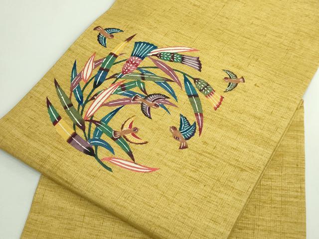 平和屋本店●極上　本場琉球紅型　平野晋二郎　九寸名古屋帯　紬地　草木に小鳥　たとう紙付き　逸品　DZAB5573kh6