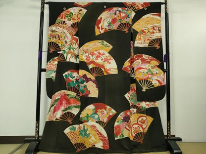 平和屋本店●極上　アンティーク　大正ロマン　振袖　駒刺繍　扇面花鳥文　黒地　金彩　逸品　DZAB5601kh6