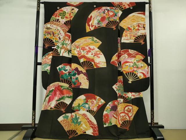 平和屋本店●極上　アンティーク　大正ロマン　振袖　駒刺繍　扇面花鳥文　黒地　金彩　逸品　DZAB5601kh6