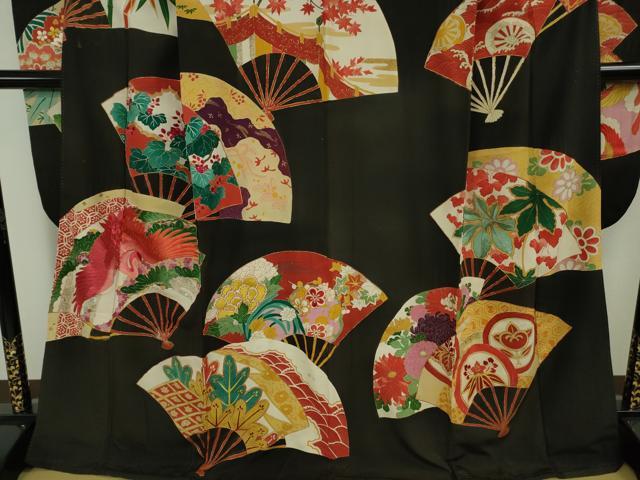 平和屋本店●極上　アンティーク　大正ロマン　振袖　駒刺繍　扇面花鳥文　黒地　金彩　逸品　DZAB5601kh6