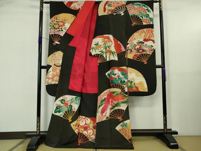 平和屋本店●極上　アンティーク　大正ロマン　振袖　駒刺繍　扇面花鳥文　黒地　金彩　逸品　DZAB5601kh6