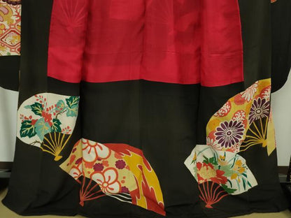 平和屋本店●極上　アンティーク　大正ロマン　振袖　駒刺繍　扇面花鳥文　黒地　金彩　逸品　DZAB5601kh6