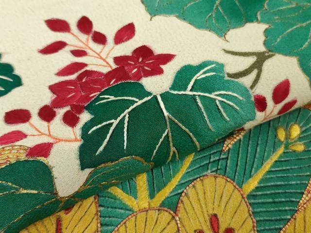 平和屋本店●極上　アンティーク　大正ロマン　振袖　駒刺繍　扇面花鳥文　黒地　金彩　逸品　DZAB5601kh6