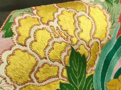 平和屋本店●極上　アンティーク　大正ロマン　振袖　駒刺繍　扇面花鳥文　黒地　金彩　逸品　DZAB5601kh6