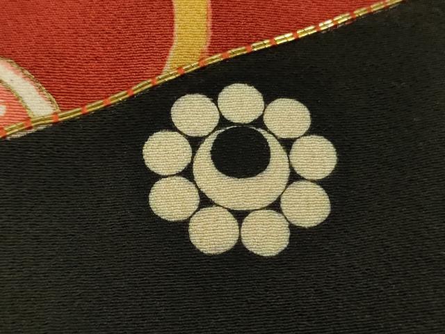 平和屋本店●極上　アンティーク　大正ロマン　振袖　駒刺繍　扇面花鳥文　黒地　金彩　逸品　DZAB5601kh6