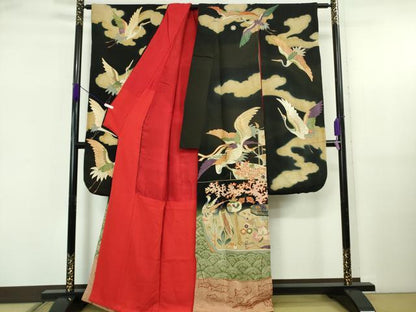 平和屋本店●極上　アンティーク　大正ロマン　振袖　駒刺繍　鶴亀　宝船　黒地　逸品　DZAB5602kh6