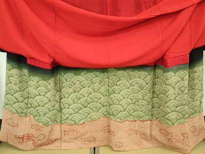 平和屋本店●極上　アンティーク　大正ロマン　振袖　駒刺繍　鶴亀　宝船　黒地　逸品　DZAB5602kh6