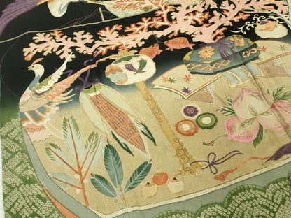 平和屋本店●極上　アンティーク　大正ロマン　振袖　駒刺繍　鶴亀　宝船　黒地　逸品　DZAB5602kh6