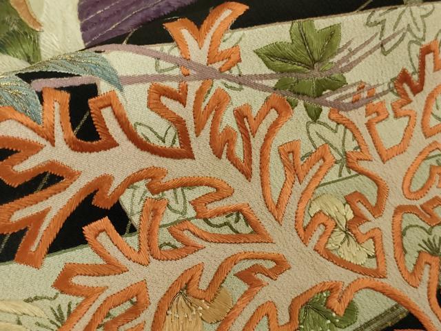 平和屋本店●極上　アンティーク　大正ロマン　振袖　駒刺繍　鶴亀　宝船　黒地　逸品　DZAB5602kh6