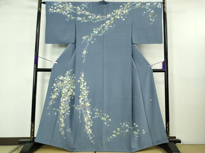 平和屋着物●極上　本加賀友禅作家　染元千紅代表　寺西一紘　訪問着　蔦の葉花文　薄群青色地　逸品　DZAB5607kh6