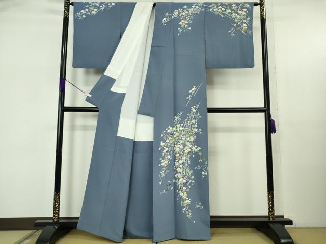 平和屋着物●極上　本加賀友禅作家　染元千紅代表　寺西一紘　訪問着　蔦の葉花文　薄群青色地　逸品　DZAB5607kh6