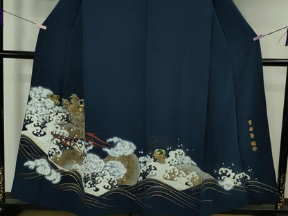 平和屋本店●極上　螺鈿作家　藤本隆士　雲母塾　色留訪問着　龍　立波　留紺色地　金彩　逸品　DZAB5611kh6
