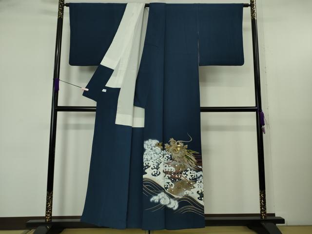平和屋本店●極上　螺鈿作家　藤本隆士　雲母塾　色留訪問着　龍　立波　留紺色地　金彩　逸品　DZAB5611kh6