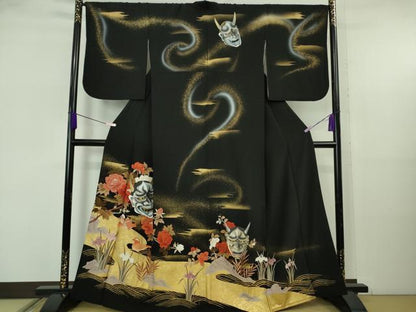 平和屋本店●極上　訪問着　般若　鴛鴦　黒地　金銀彩　逸品　DZAB5612kh6