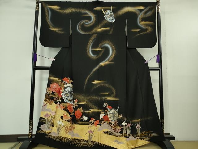 平和屋本店●極上　訪問着　般若　鴛鴦　黒地　金銀彩　逸品　DZAB5612kh6