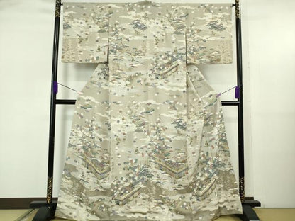 平和屋本店●極上　中国三大刺繍　スワトウ刺繍　汕頭刺繍　訪問着　城下町人物文　亜麻色地　鬼しぼ縮緬　金糸　逸品　DZAB5622kh6