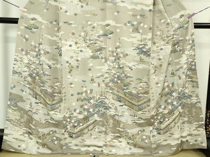 平和屋本店●極上　中国三大刺繍　スワトウ刺繍　汕頭刺繍　訪問着　城下町人物文　亜麻色地　鬼しぼ縮緬　金糸　逸品　DZAB5622kh6