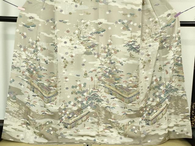平和屋本店●極上　中国三大刺繍　スワトウ刺繍　汕頭刺繍　訪問着　城下町人物文　亜麻色地　鬼しぼ縮緬　金糸　逸品　DZAB5622kh6
